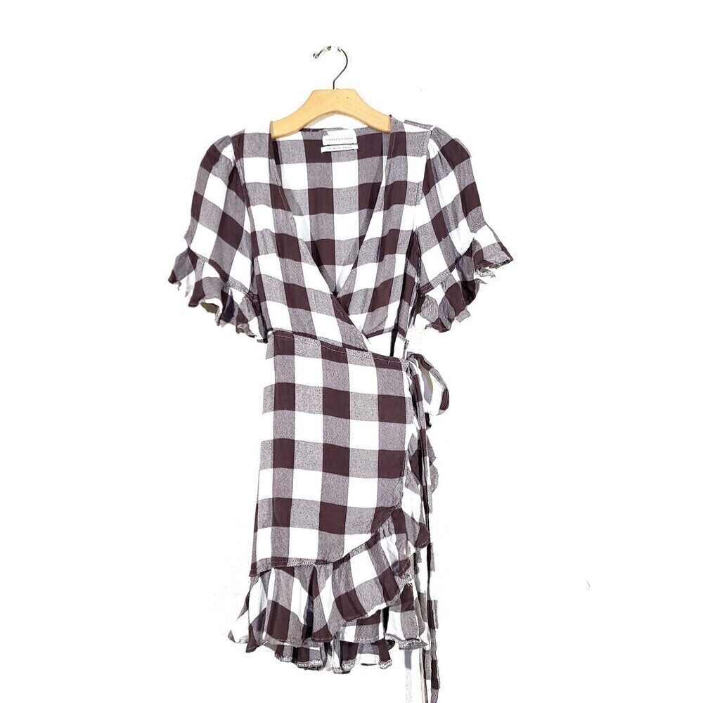 URBAN OUTFITTERS Frankie Ruffle Wrap Mini Dress Brown Plaid Cottagecore Small